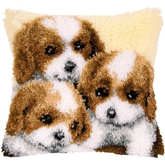 Latch Hook Kit DIY 3 Puppy Pattern Arts And Crafts Needlework 17" x 17" Dogs - Picture 1 of 10